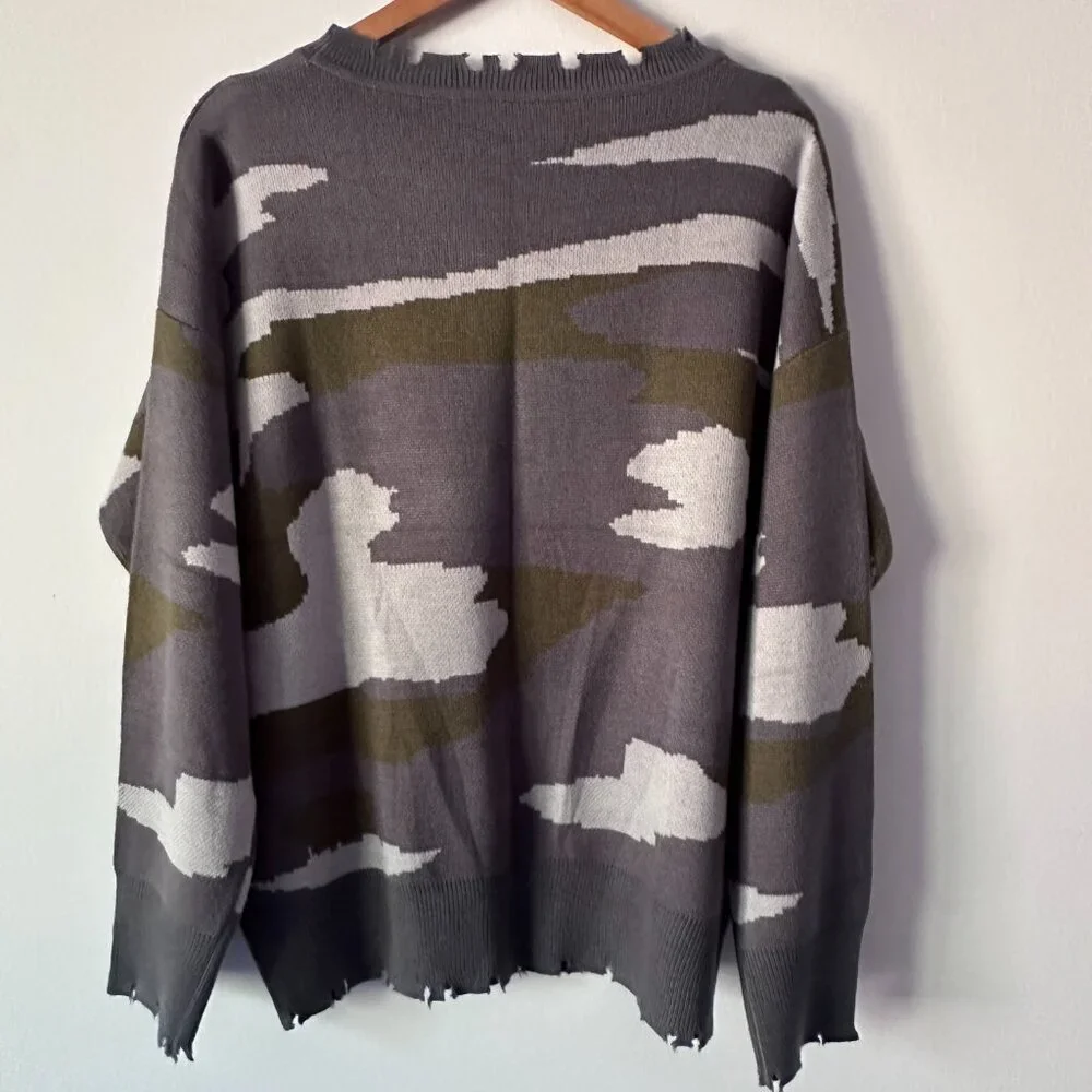 Camouflage Print Distressed Crew Neck Long Sleeve Sweater